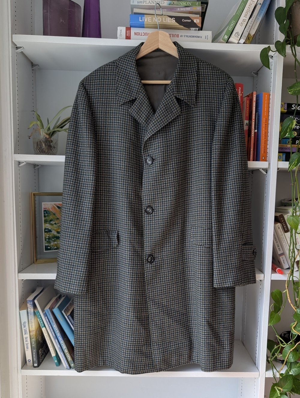 Vintage Men's Classic Houndstooth Wool Overcoat Jacket Black Gray Size Large - Picture 1 of 12
